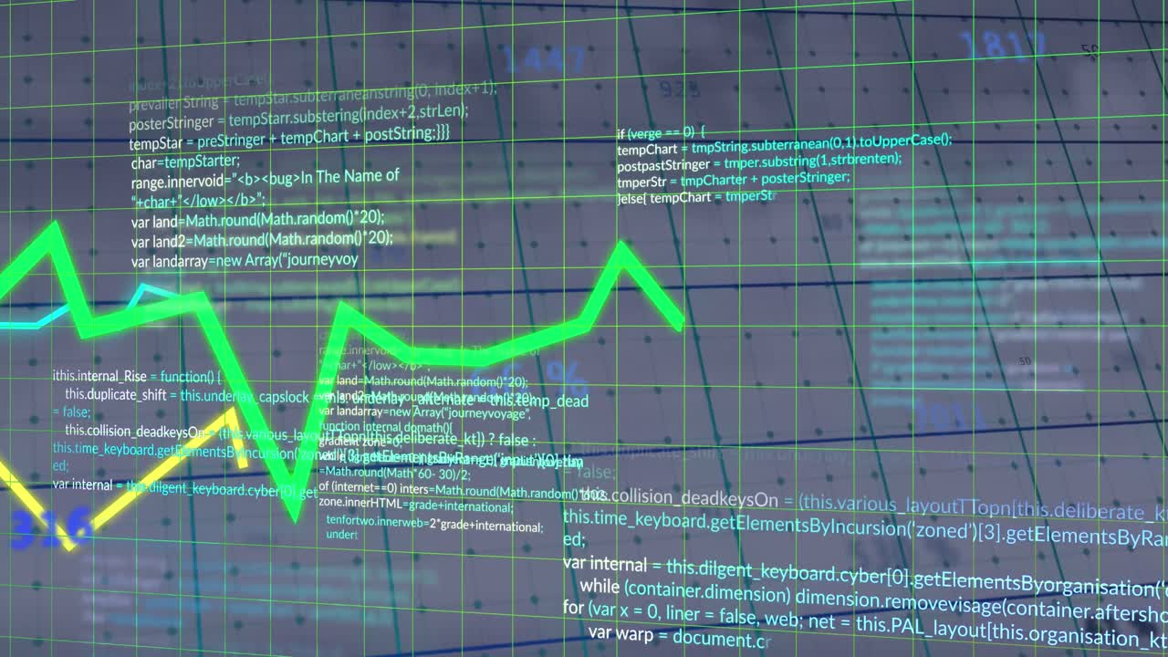 animación de gráficos en lenguaje informático contra números y puntos cambiantes en fondo blanco.