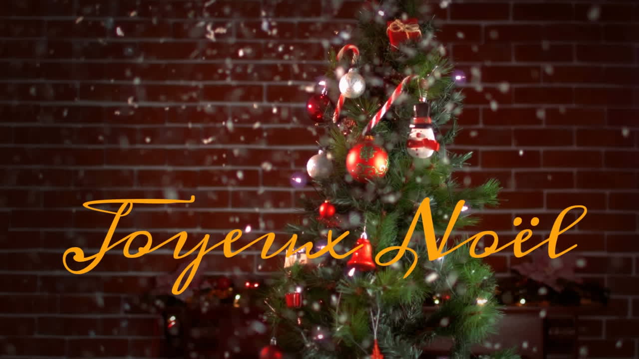 Animazione del testo "joyeux noël" su decorazioni natalizie.
