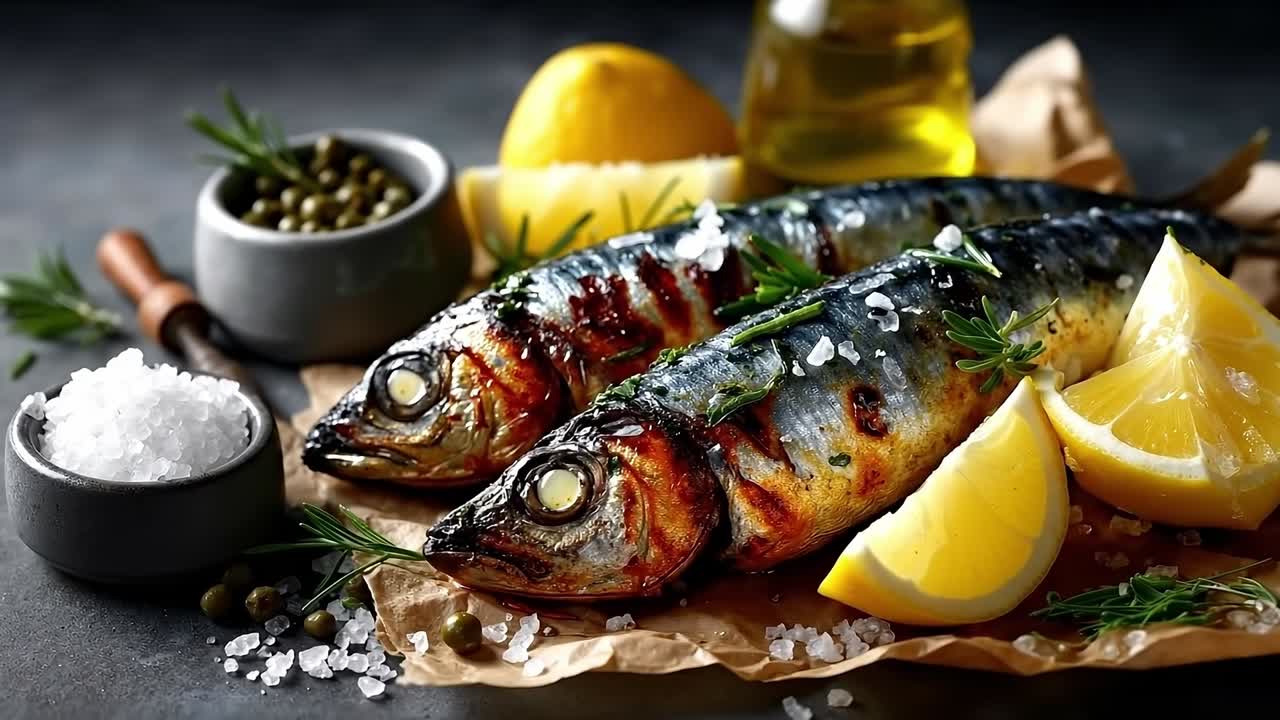 Two grilled sardines with lemon slices and salt on a table