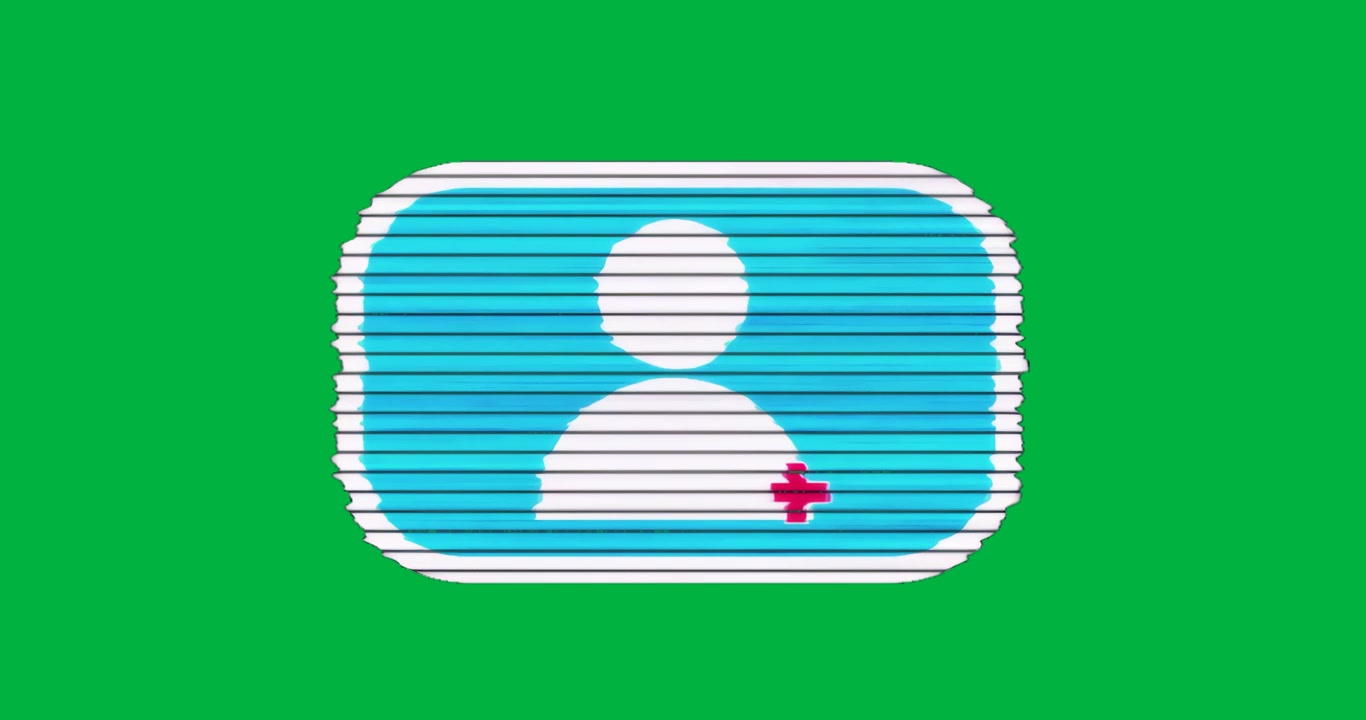 Designer UI che posizionano un avatar utente con un segno più rosso su una tela trasparente, con linee di scansione glitchate
