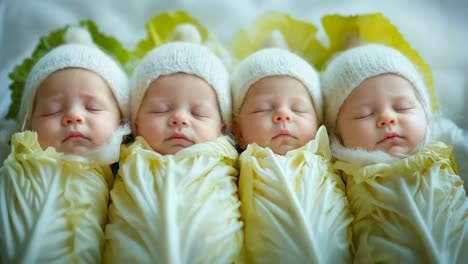 a group of three newborn babies sleeping in a row on a bed