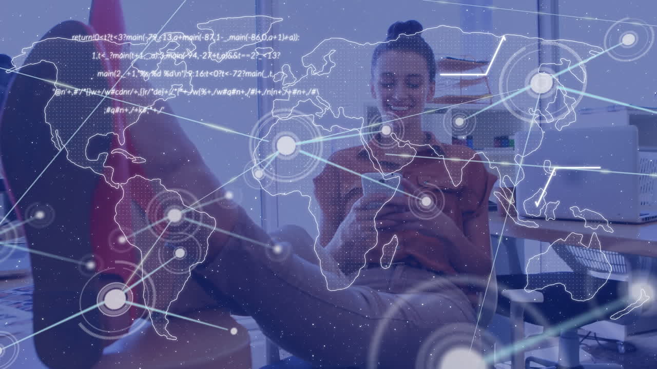 Network of connections over world map against woman using smartphone at office