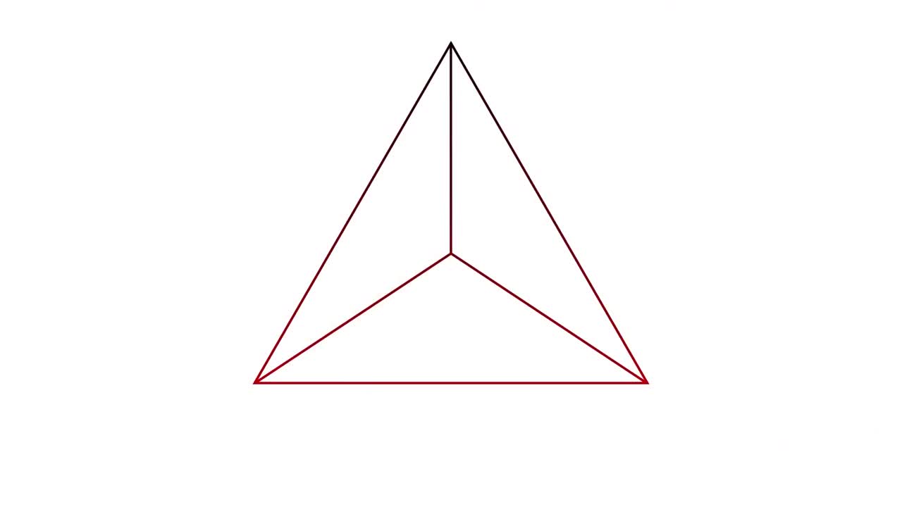 animación digital de diseños circulares rojos que se forman sobre un diseño de forma triangular contra un fondo blanco