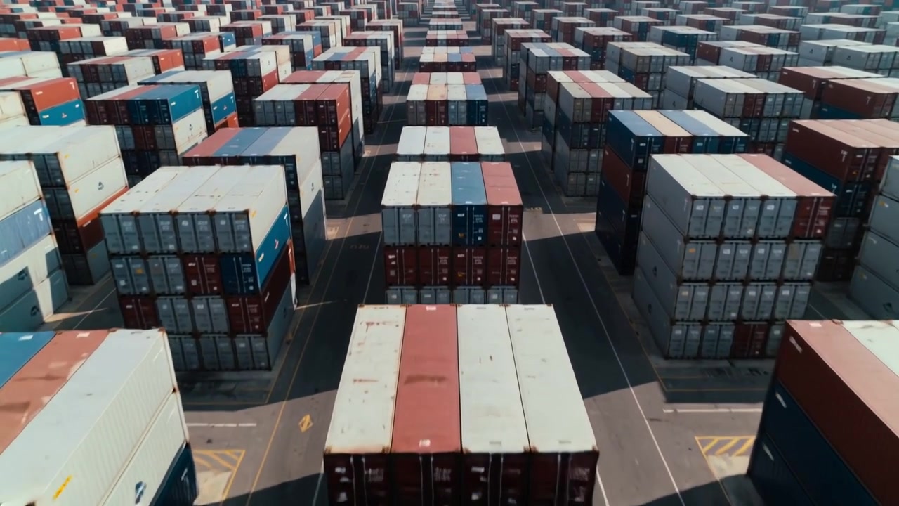 Indledende luftfoto, der glider fremad, dalende over en containerplads og afslører en central stablet blok.