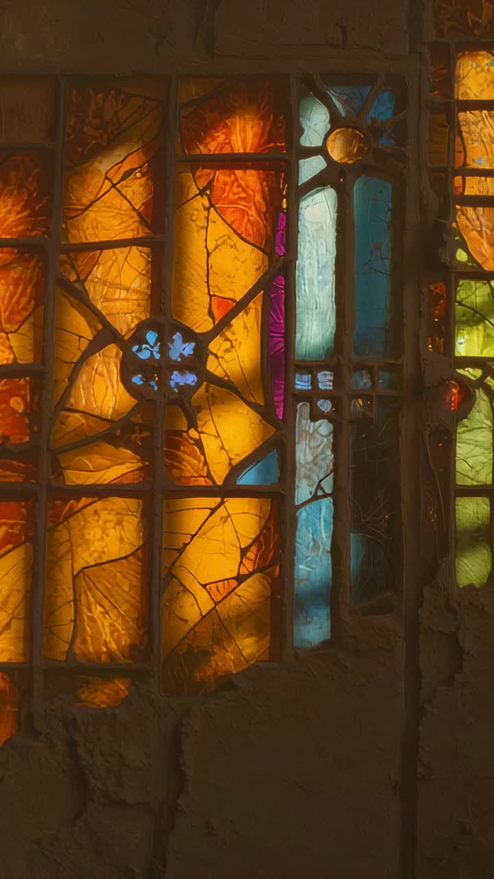 Vertical video: Tilting camera shifting amber panes showing blue medallion, cracks at masonry wall
