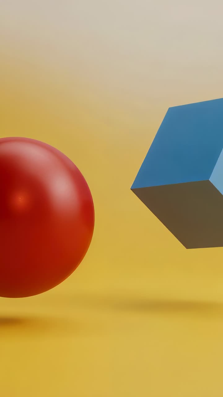 Vertical video: Motion starting blue cube moving, turning to show faces on yellow floor, red sphere