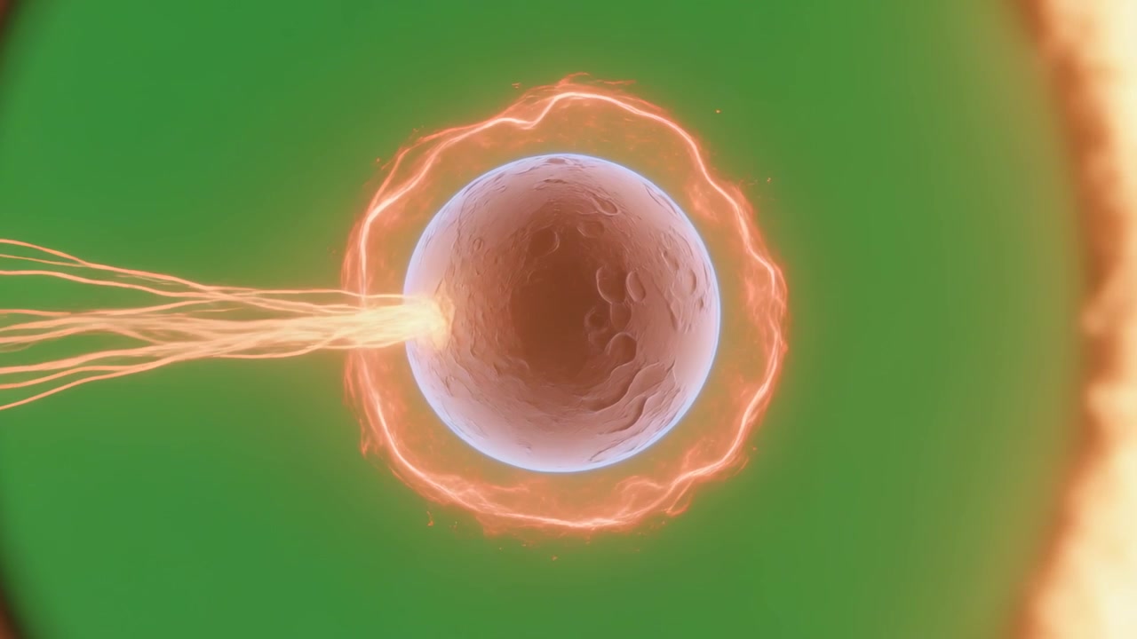 Filamentos que se aproximan moviéndose de izquierda a derecha hacia una célula en un campo verde, buscando adherencia, con un anillo pulsante.