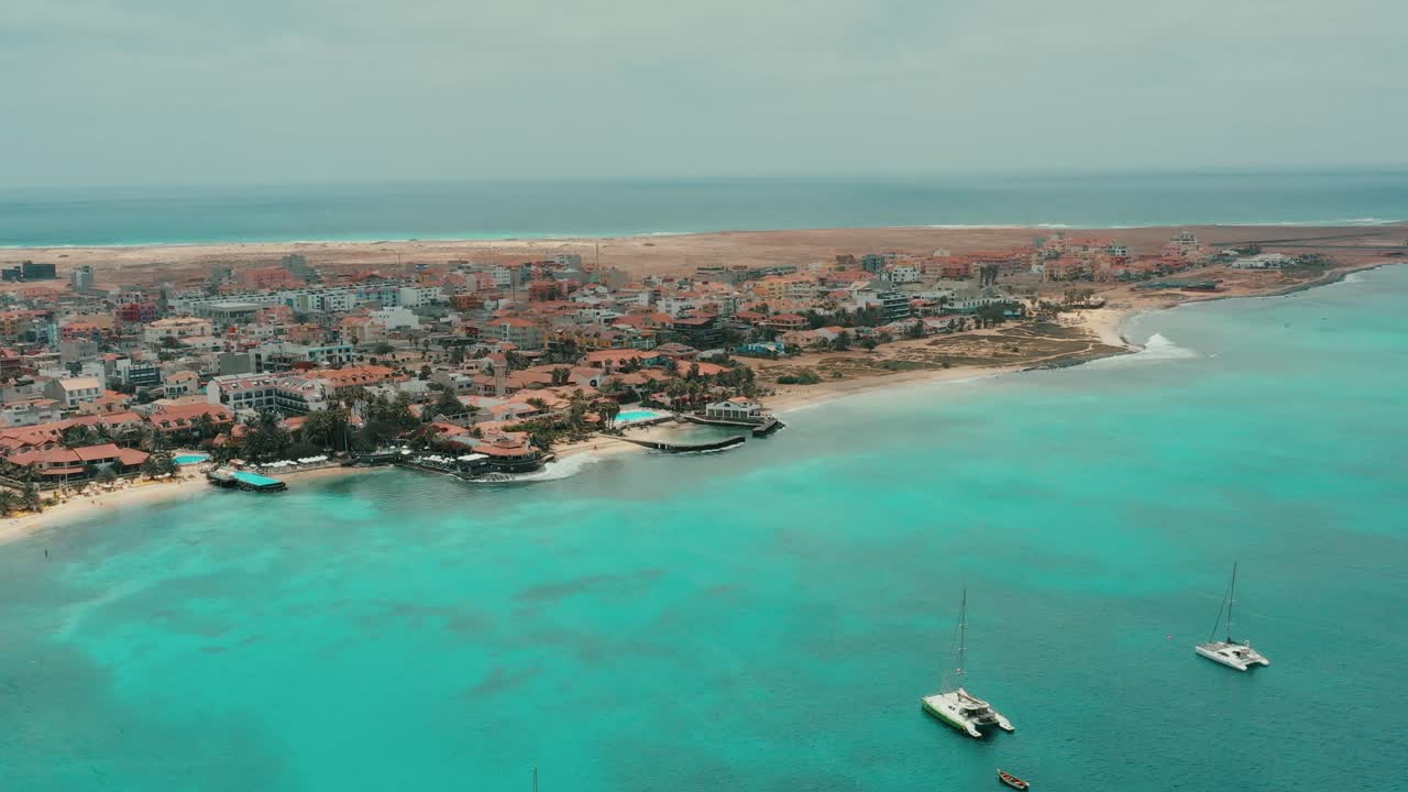 Beachfront Hotels At Santa Maria Resort In Cabo Verde, Sal Island, Africa. Aerial Drone Shot