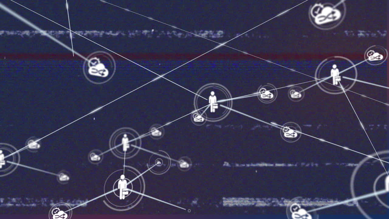 red de conexiones y animación de procesamiento de datos sobre íconos de personas diversas