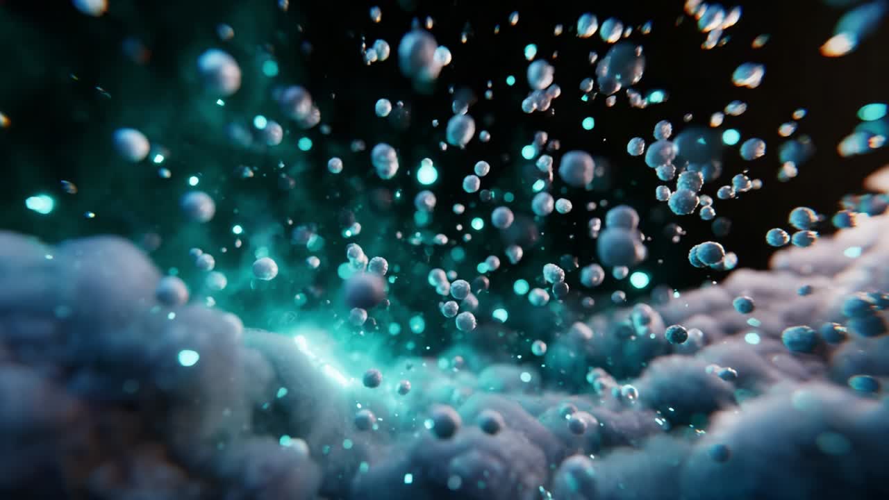 A mesmerizing visual journey through a dynamic microcosm of swirling particles and luminous droplets, showcasing the breathtaking beauty of nature's smallest elements captured in stunning detail