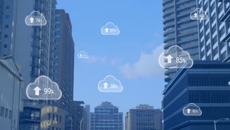 cloud computing metrics floating over urban skyline, displaying percentage icons in flat design