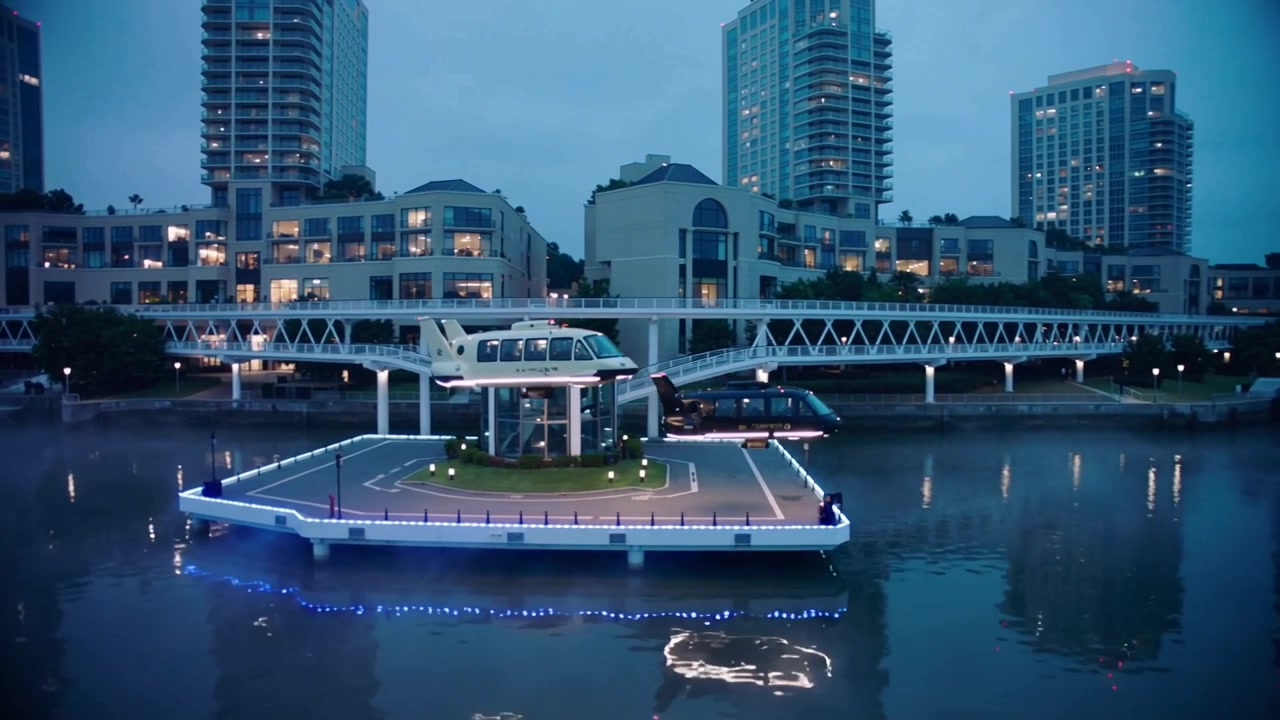 Avvicinandosi da sinistra, un VTOL bianco si allinea per atterrare su una piattaforma galleggiante con una tettoia in vetro in riva al fiume.