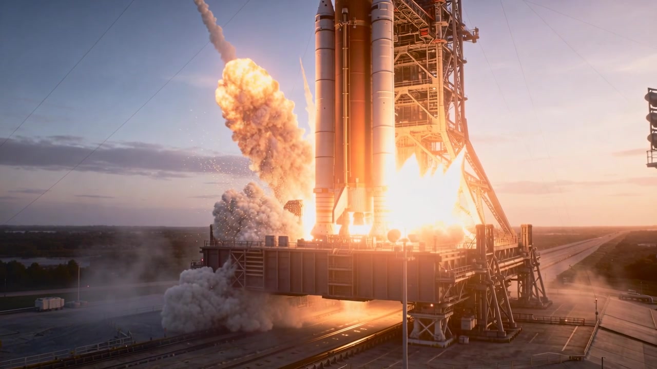 Syttyvä raketti oranssilla ytimellä ja apumoottoreilla tuottaa liekkejä ja höyryä laukaisualustalla tapahtuvaa nousua varten.