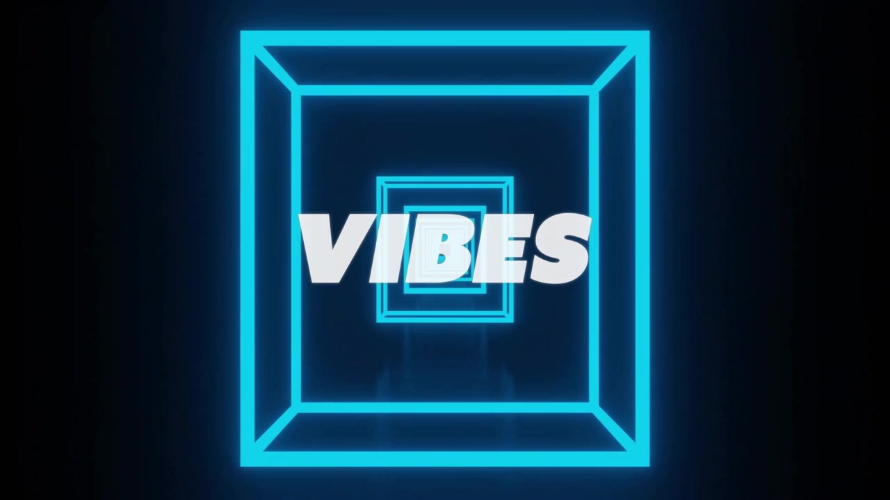 Bold white text VIBES floating in digital tunnel, showcasing glowing neon blue square frames