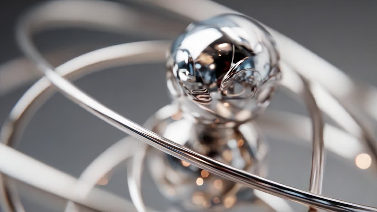 A close-up view of a polished metallic sphere at the center of elegant, intertwining metallic rings, showcasing modern elegance and complexity in design and materials