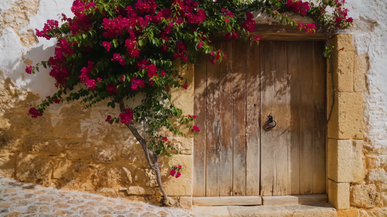 Rustic Wooden Door with Vibrant Bougainvillea on a Stone Wall