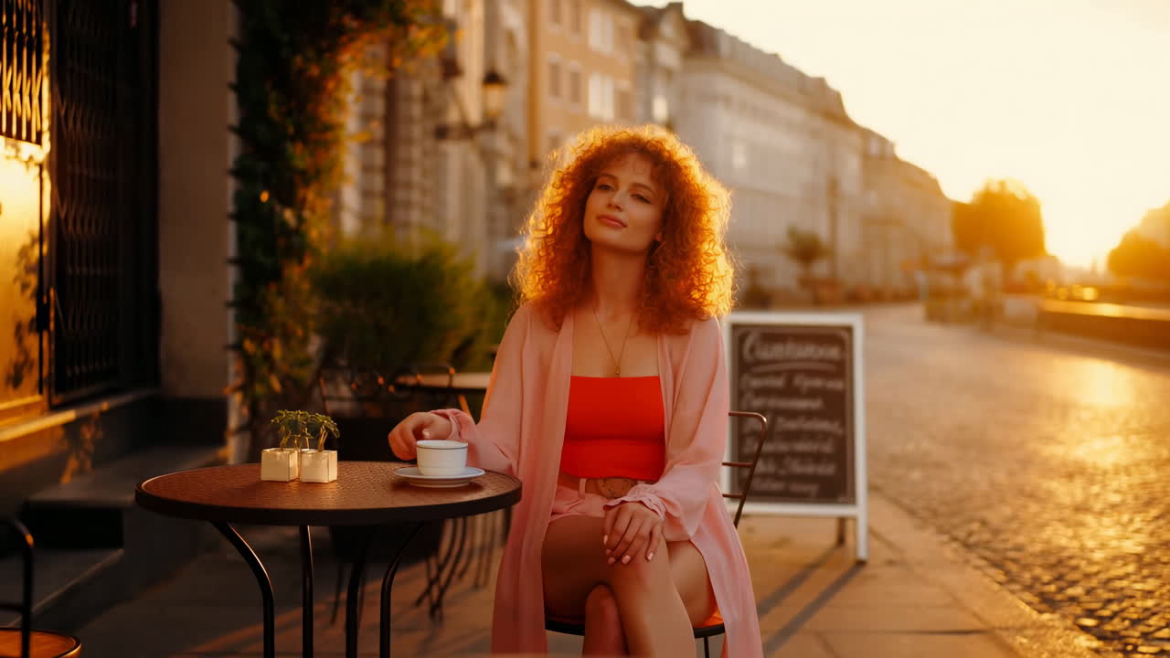 Giovane donna con capelli rossi ricci che beve caffè in un bar all'aperto al tramonto
