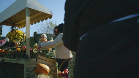 people walking and shopping on farmers market people walking and shopping on urban farmers market choose fresh products care about health and spending day off by buys proper nutrition autumn fair outdoors