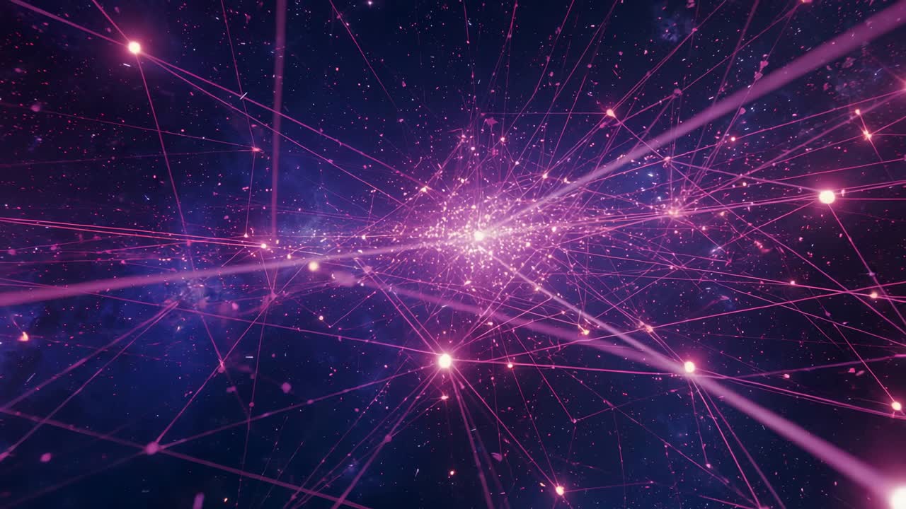 Camera drifting after cluster brightening revealing network in void, glowing nodes and neon lines