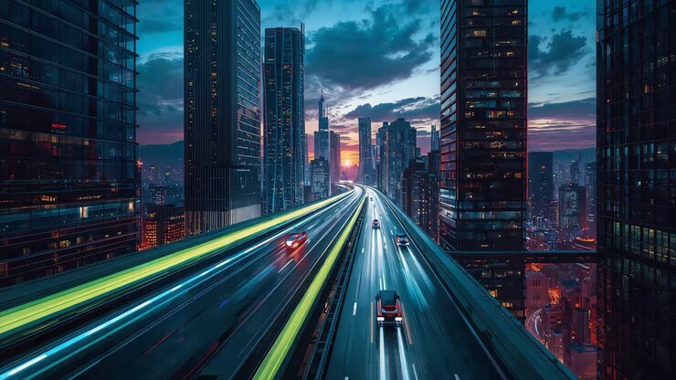 Night cityscape with traffic lights and skyscrapers