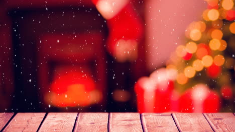 fondo borroso de una sala de estar decorada para navidad combinado con la nieve que cae
