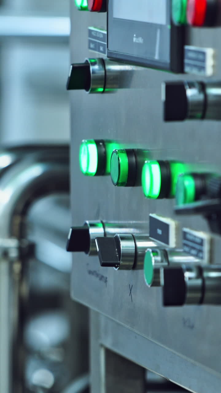 Worker's hand pressing buttons of a mechanical machine at manufacturing plant. Automated equipment in a modernized dairy factory. Vertical video