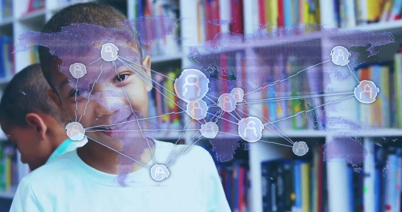Boy looking up and smiling by shelves with map overlay appearing, nodes shifting engaging learning