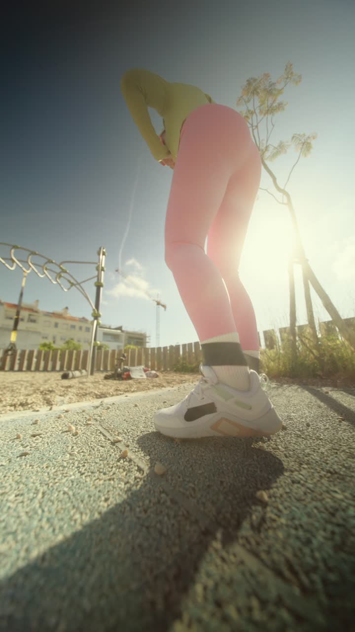 야외에서 저항 밴드로 다리 운동을 하는 여자