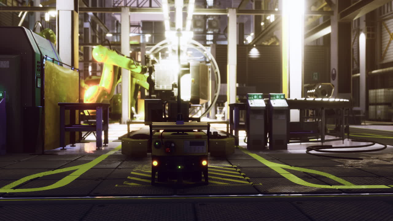 Factory interior with machinery and automation in bright lights during day