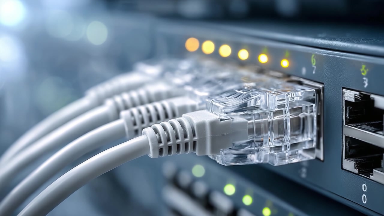 Close-Up View of Network Switch with Connected Ethernet Cables Illuminated by LED Indicators Signifying Network Activity and Status of Connections