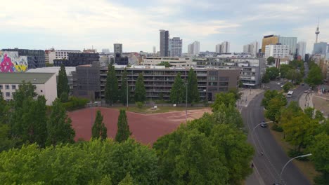 lovely aerial top view flight tv tower city berlin buildings, germany summer day 2023