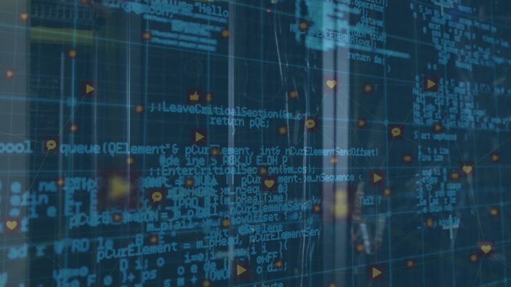 Animation of data processing with icons over server room