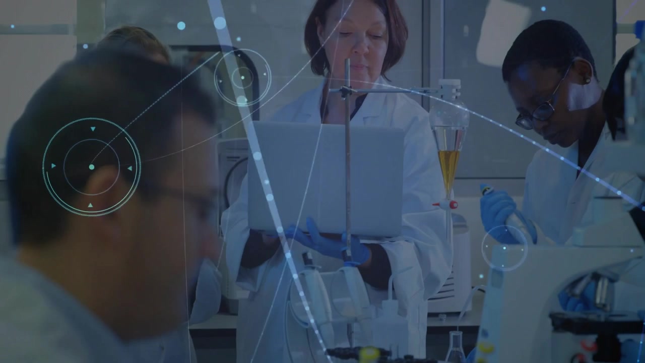 Scientists working in laboratory with data processing animation over them