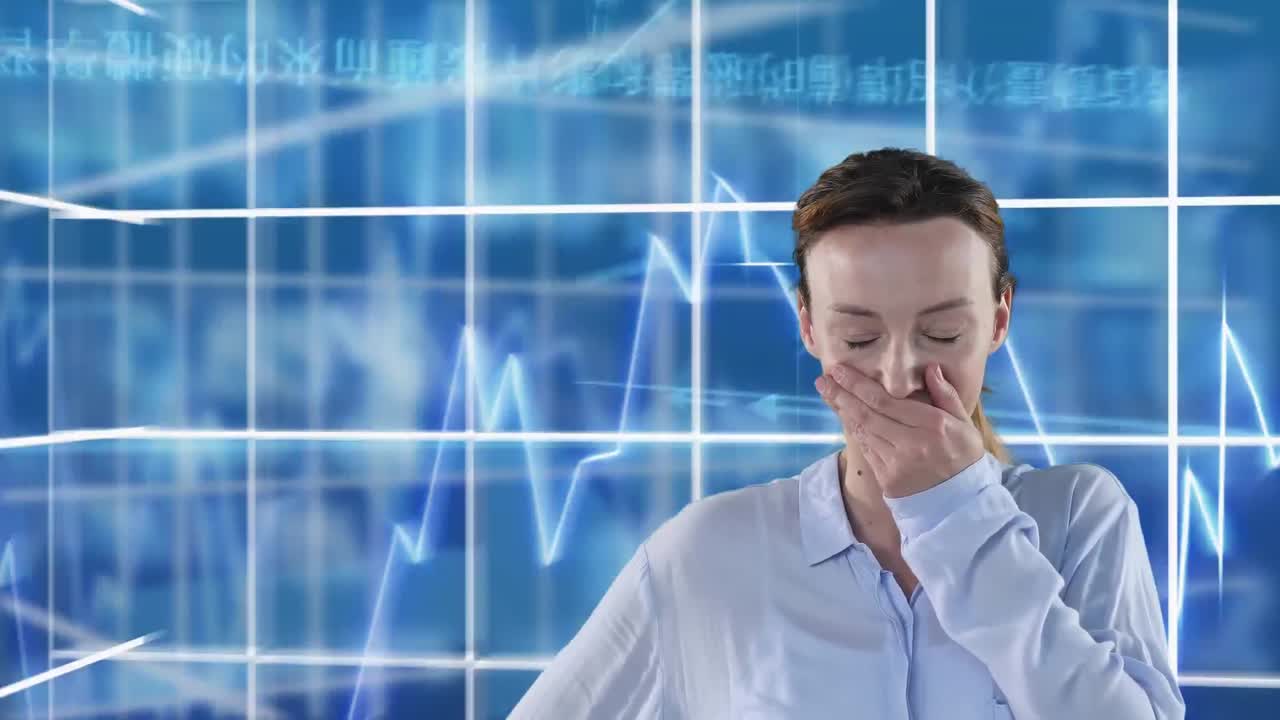 ⁇ 색 그리드 위에서 웃는 백인 여성의 애니메이션, 통계와 그래프 위에서