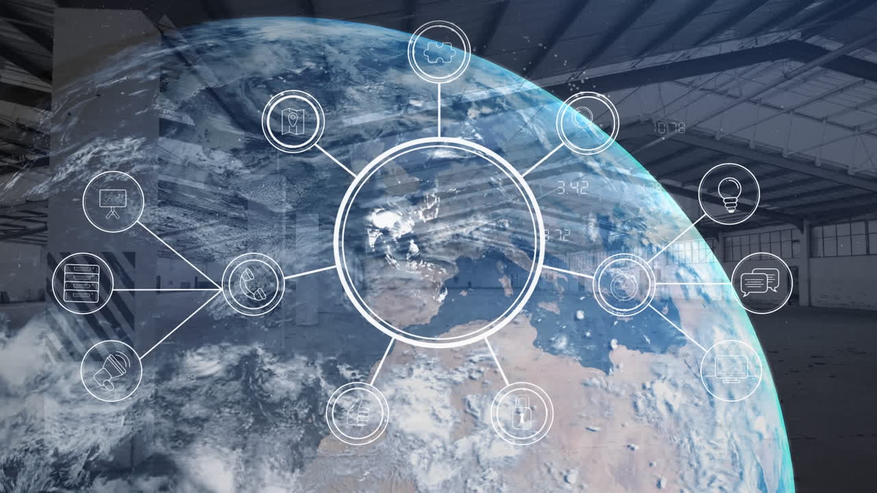 연결 네트워크의 애니메이션, 창고 위에서 회전하는 지구