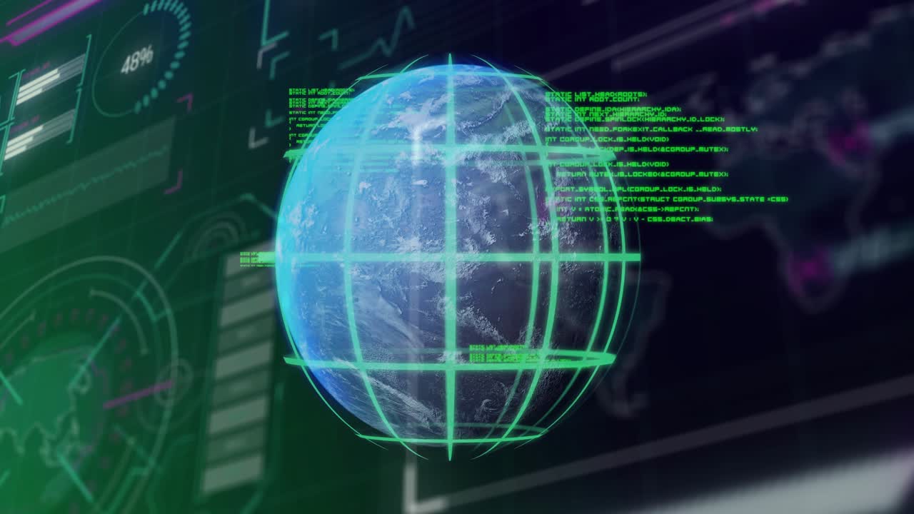 Holographic globe rotating, pulsing and tilting on data stream start, neon blocks updating metrics