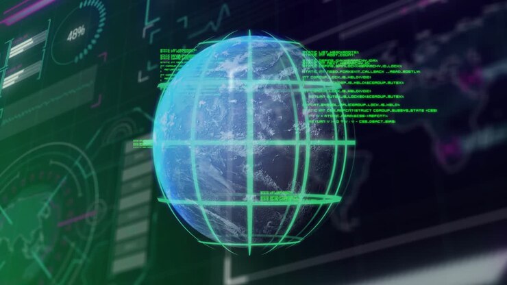 Holographic globe rotating, pulsing and tilting on data stream start, neon blocks updating metrics