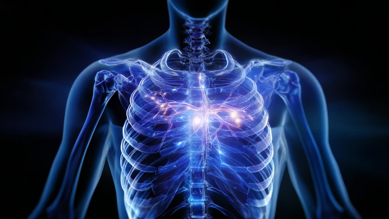 Visualizzazione anatomica del torace umano: rappresentazione dettagliata della gabbia toracica, dei polmoni e del cuore con un bagliore intricato che evidenzia gli organi vitali e le loro funzioni in un'atmosfera cupa