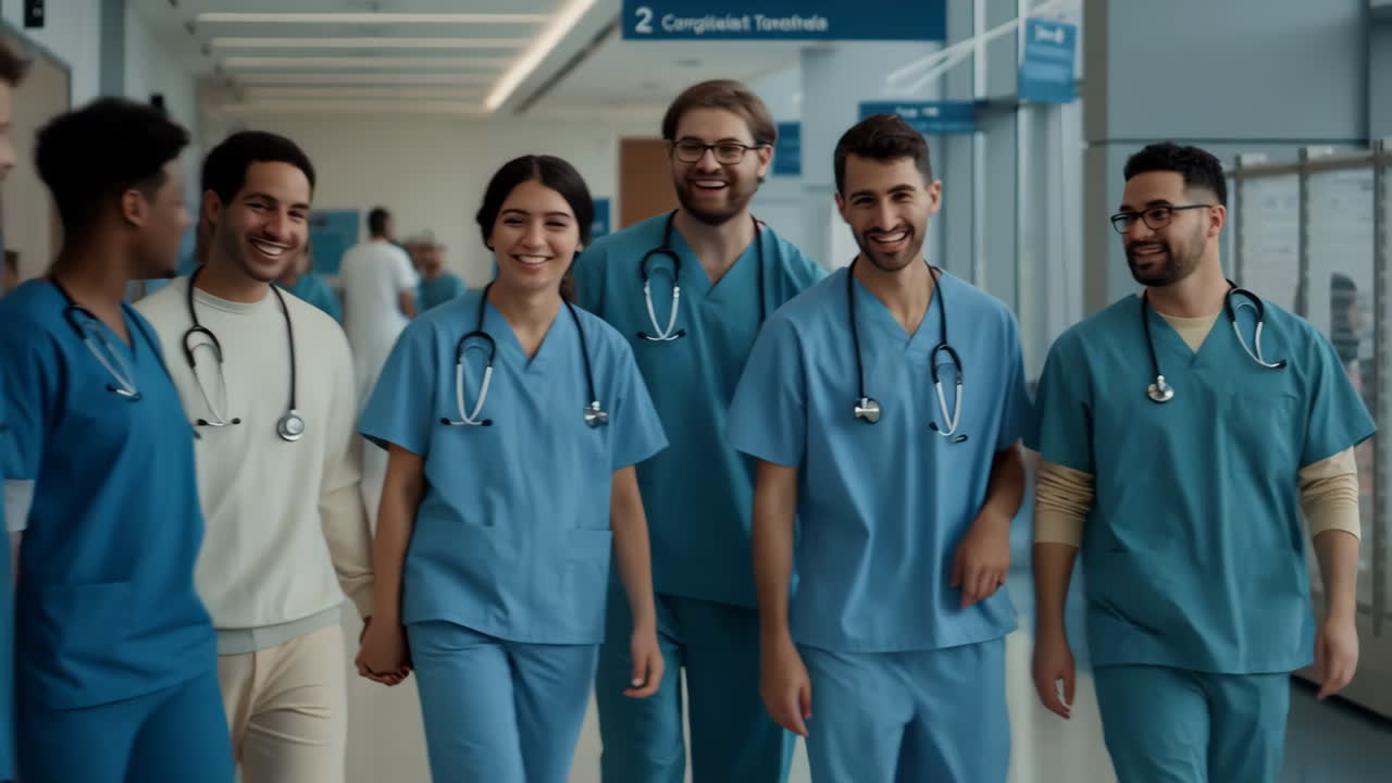 Gruppo eterogeneo di professionisti medici che camminano in un corridoio d'ospedale.