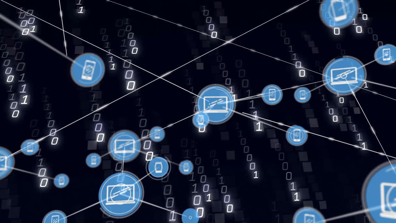 Network of connected devices and binary code in digital data animation