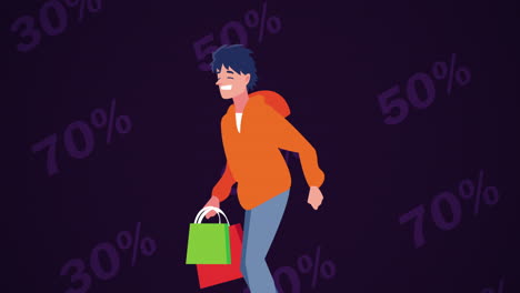 comprador feliz con bolsas de compras en una venta