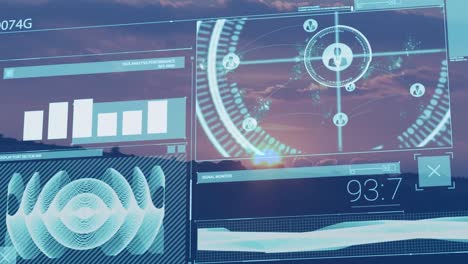 digital interface with data processing against view of sunset sky