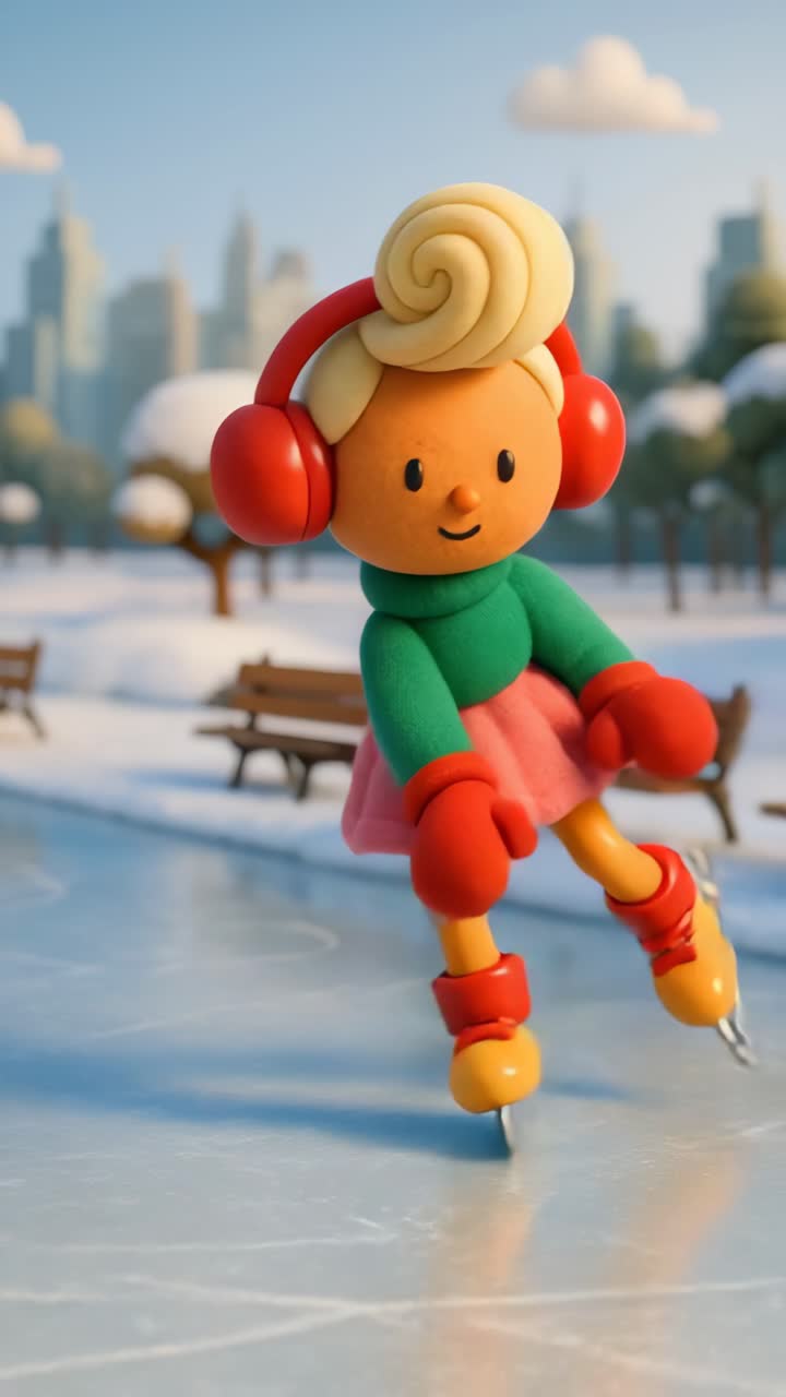 Claymation-style video still of a cheerful character ice skating in a snowy park