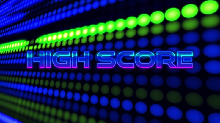 Animation of high score text over colourful spots on black background
