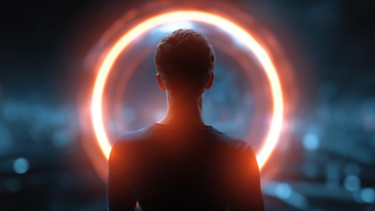 A figure stands before a glowing portal, embodying a sense of mystery and anticipation, as vibrant energy whirls in the background, beckoning exploration and adventure