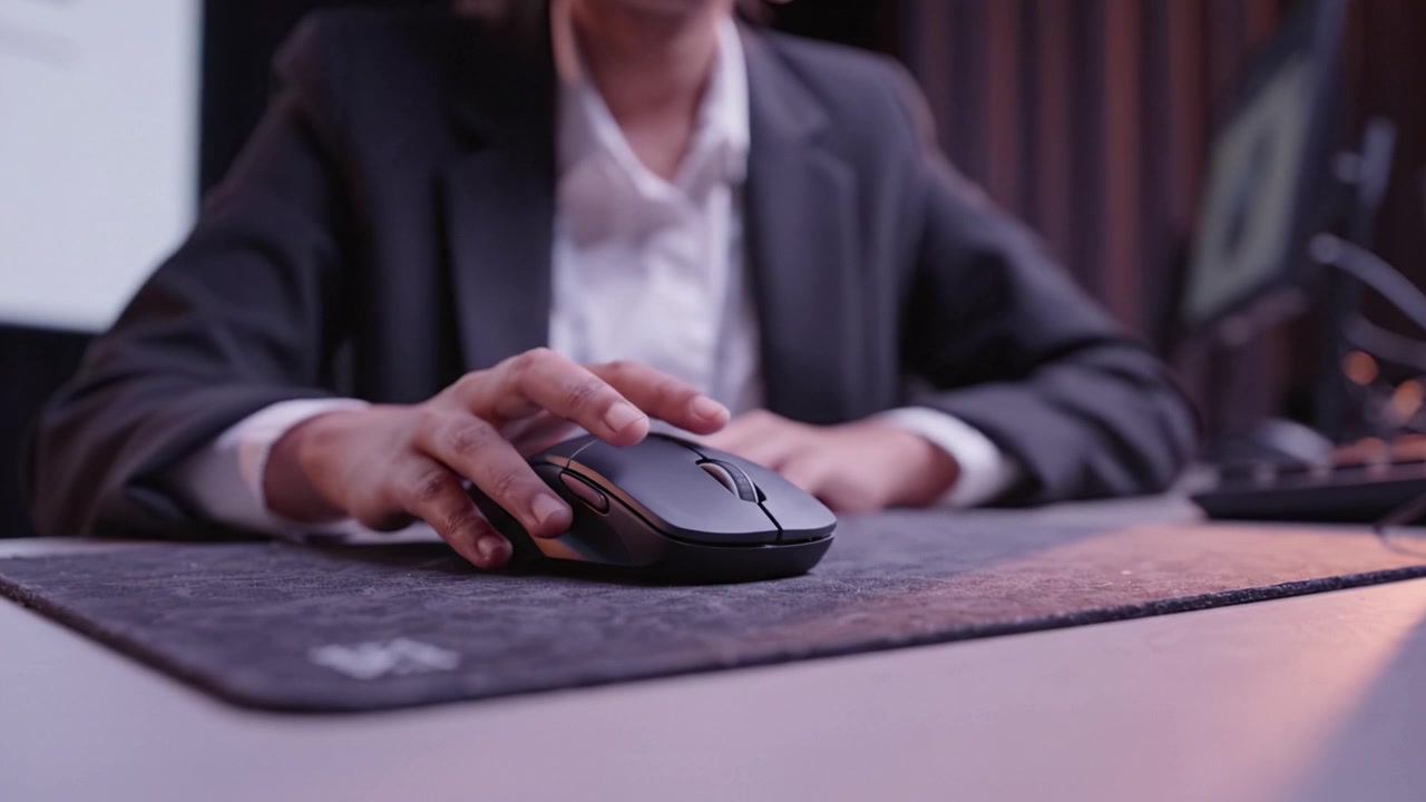 Un individuo concentrato che utilizza un mouse del computer, mostrando attenzione ai dettagli e concentrazione in un ambiente professionale durante una presentazione digitale o il lavoro