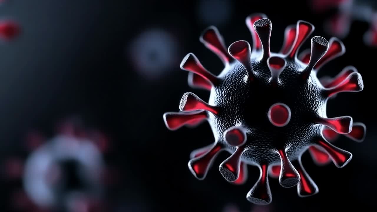 Microscopic virus with red spikes. Close-up of a virus with red spikes, showcasing intricate details and textures in its structure at night.