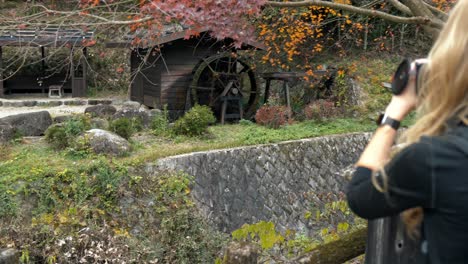 a photographer captures the stunning beauty of a traditional water mill along the historic nakasendo trail in japan, surrounded by vibrant red autumn foliage.