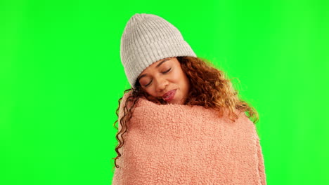 blanket, cozy and face of a woman on a green