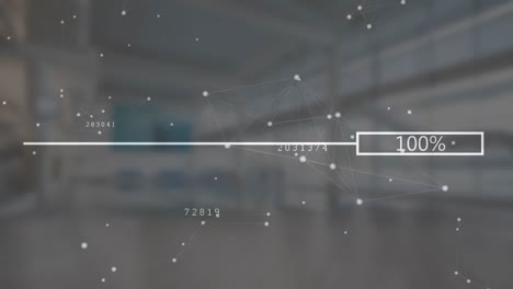 animation of loading bar with increasing percentage over network of connections against empty office